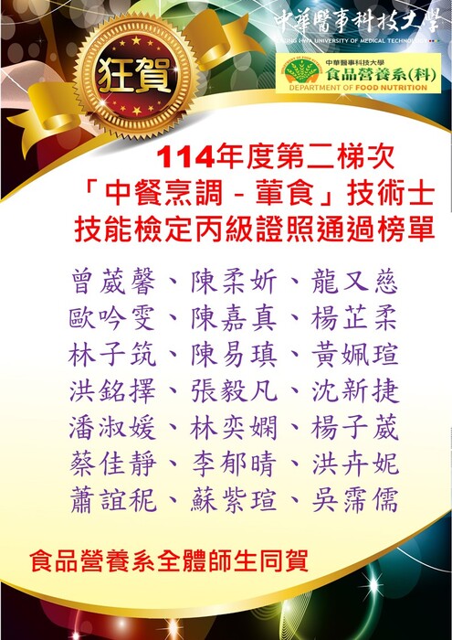 中餐烹調丙級通過榜單圖片