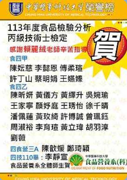 113年食品檢驗分析丙級技術士通過名單圖片