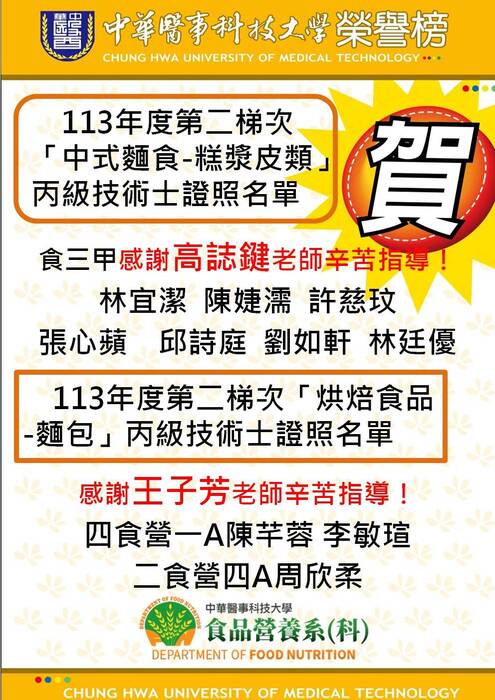 113年第二梯次即測即評「烘焙食品-麵包類」丙級技能檢定榮譽榜圖片